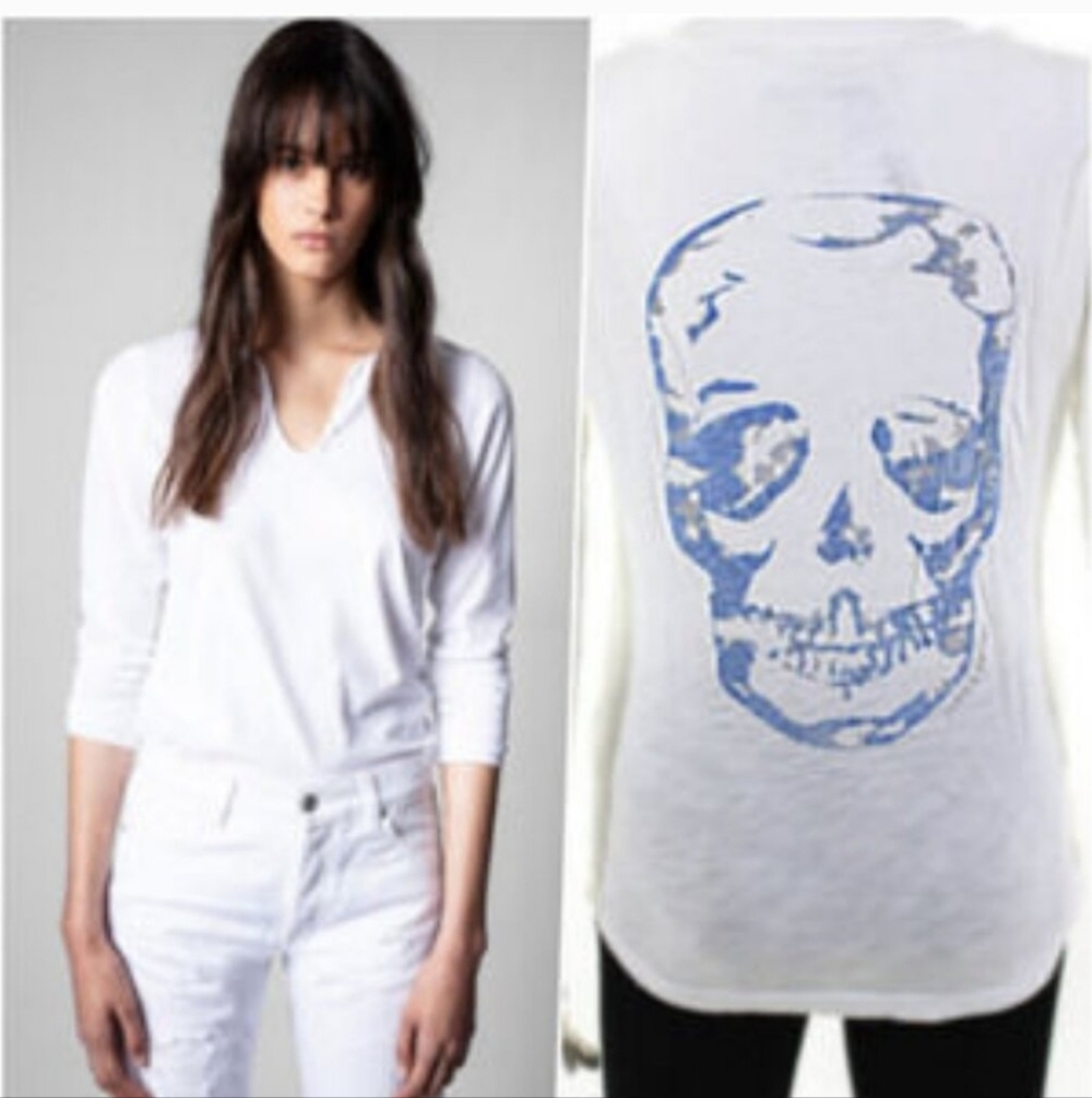 Zadig & Voltaire Glittery Skull Long Sleeve Tunisien Tee White Size L